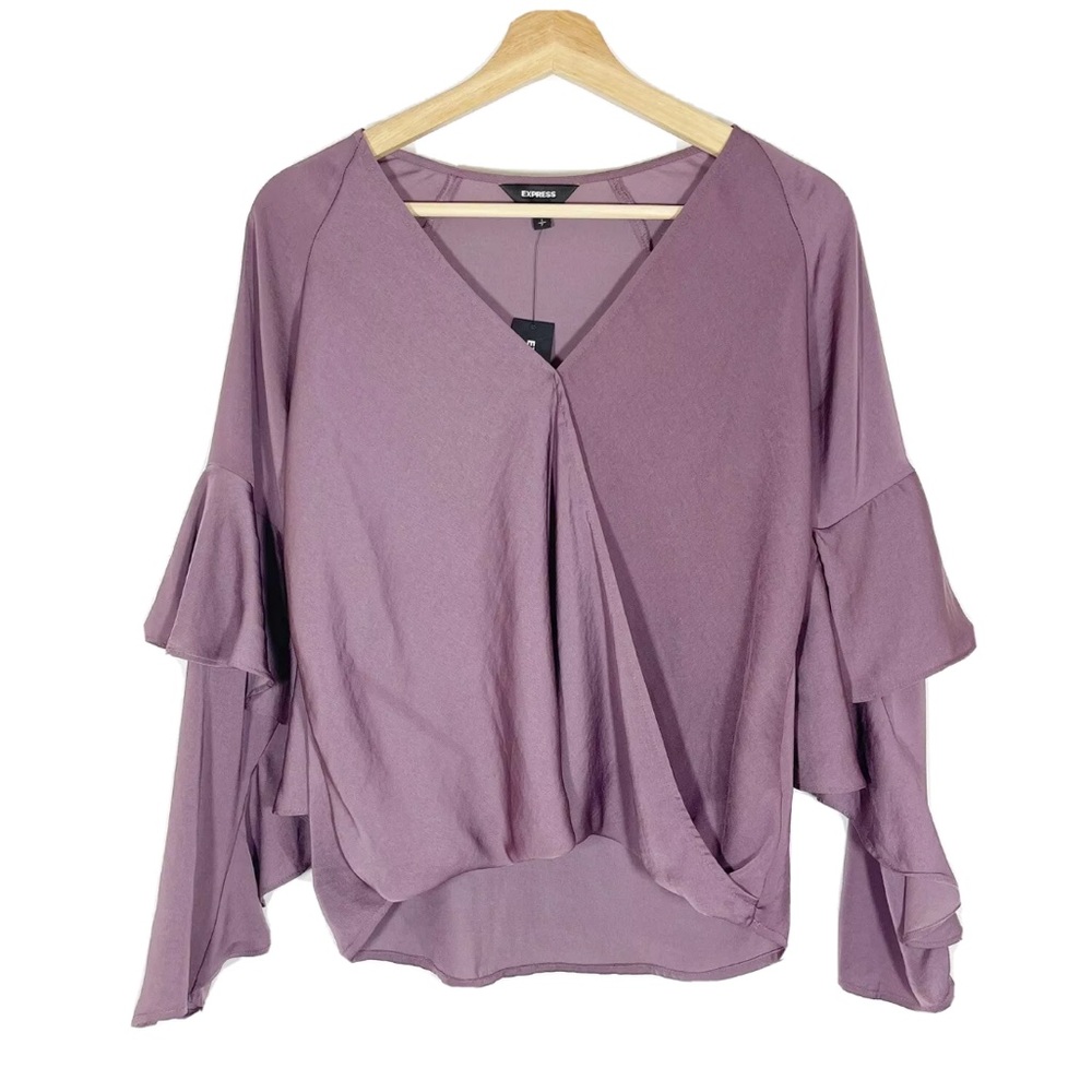 NWT Express Satin Ruffle Top Long Sleeves Faux Wrap Lilac Sz S